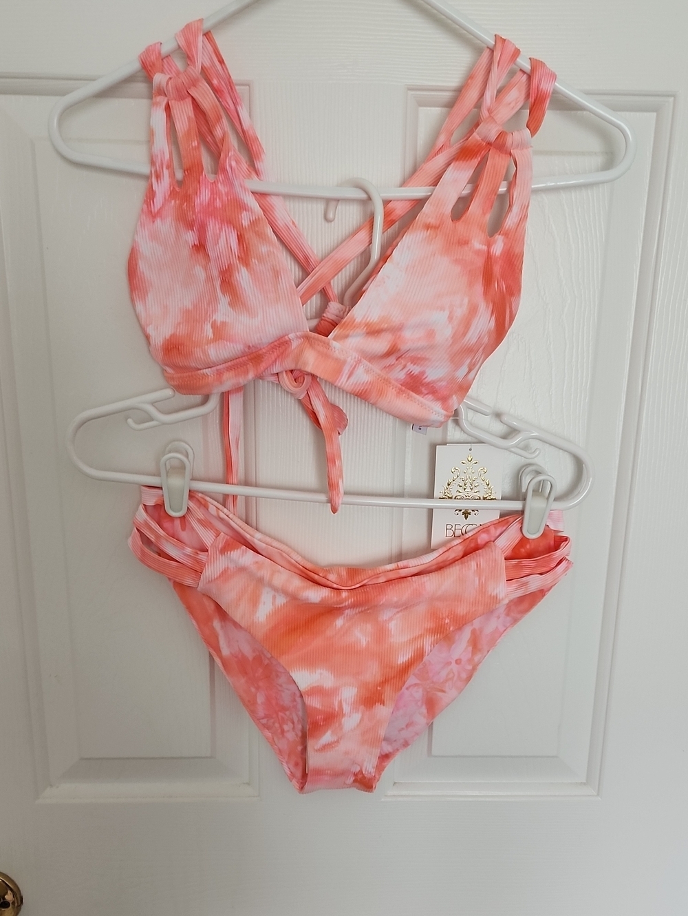 BECCA Coral and Light Pink Ribbed Tie-Dye Bikini Top